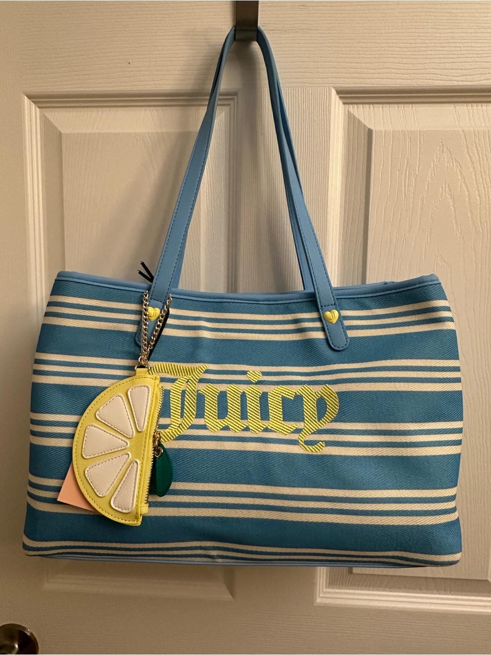 Juicy Couture Blue and White Striped Tote with Yellow Logo and Lemon Charm